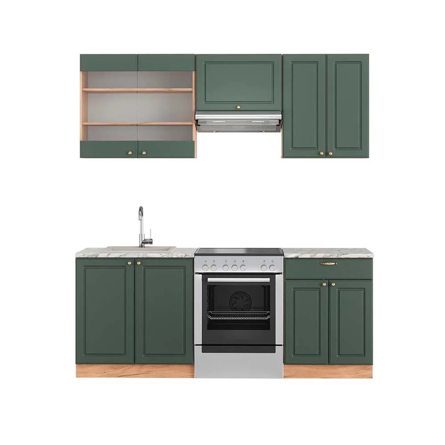 Vicco Fame-Line Küchenschrank im Landhausstil in Grün-Gold mit Eiche-Optik und Marmor-Design, Breite: 200 cm - Bild 2
