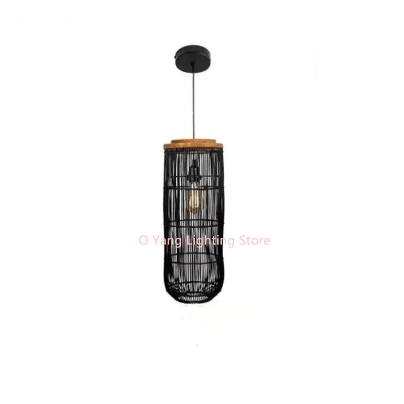 JIANKEXING LED-Pendelleuchte aus gewebtem Rattan im Wabi Sabi Stil, Zylinderform in Schwarz und Holzoptik, inklusive Glühbirnen - Bild 2