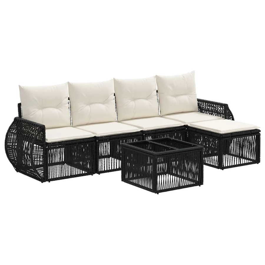 vidaXL Gartensofa-Set 6-teilig aus Poly-Rattan in Schwarz und Cremeweiß mit L-Form, Lounge-Sessel, Ottoman und Couchtisch - Bild 2