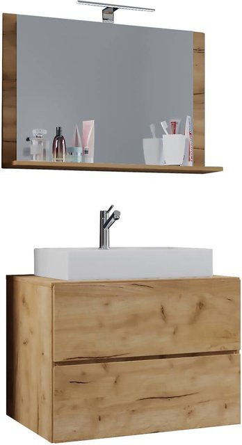 VCM Möbel Waschplatz Lendas 3-teiliges Badezimmermöbel-Set in Weiß und Eiche Honig Nachbildung mit Keramik-Waschbecken, Unterschrank mit zwei Schubladen und Spiegel mit Ablage, B/H/T: 60 x 52 x 52 cm - Bild 1