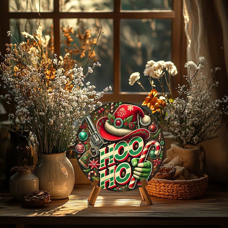 Potdemiel Rundes Kranzschild im Vintage-Stil mit HO HO-Thema, Weihnachtsmütze und Bonbons, Wanddekoration aus Aluminium und Metall, Multicolor, Durchmesser: 20,32 cm - Bild 5