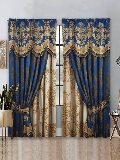 Modernes Retro Vorhangset mit floralem Design aus Polyester in Blau, 2er-Set, B: 50 cm, H: 130 cm - Bild 1