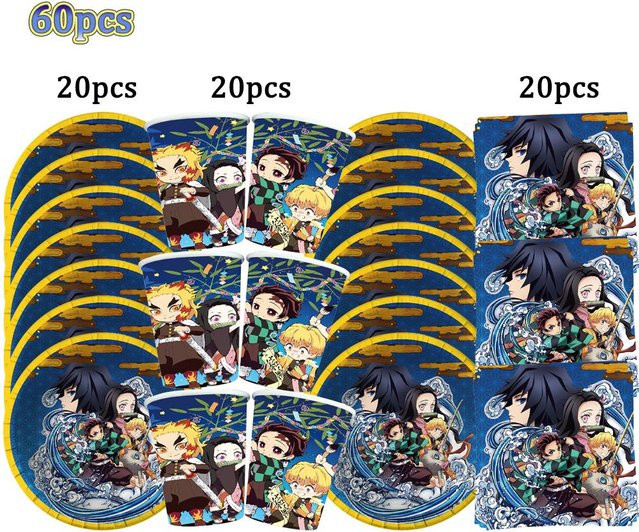 Kimetsu No Yaiba Party-Dekoration Set von Fashnics mit Papierbechern, Tellern und Servietten in Mehrfarbig für Kindergeburtstage und Dämonenjäger Themenpartys - Bild 1