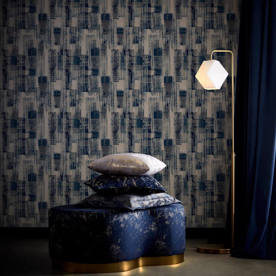 Clarke & Clarke Wallpaper Kazimir Ink - Moderne geometrische Vlies Tapete in Gold, Silber und Blau mit abstraktem Design - Bild 1