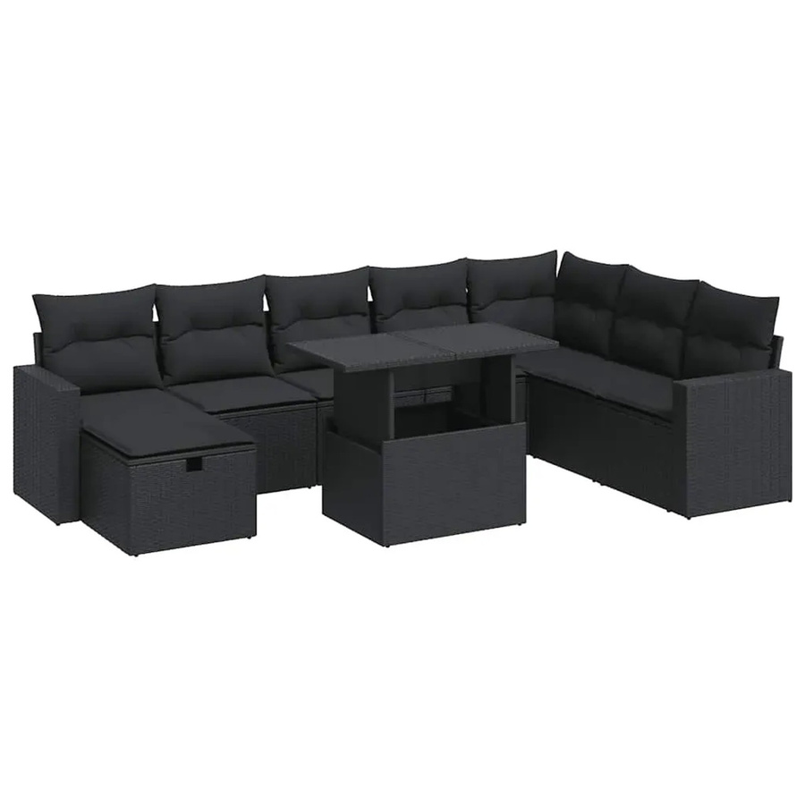 vidaXL 9-tlg. Garten-Sofagarnitur in L-Form aus schwarzem Poly-Rattan mit Kissen und pulverbeschichtetem Stahlgestell - Bild 2