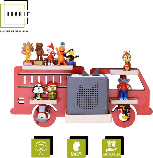 BOARTI Kinderregal Auto Feuerwehr aus Holz für Toniebox und Tonie Figuren, Wandregal mit Magneteinsätzen, H x B x T: 22 x 47 x 19 cm - Bild 1