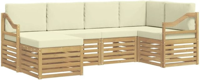 vidaXL Outdoor-Sofagarnitur 6-teilig in L-Form aus Akazienholz mit Polstern in Weiß und Creme - Bild 1