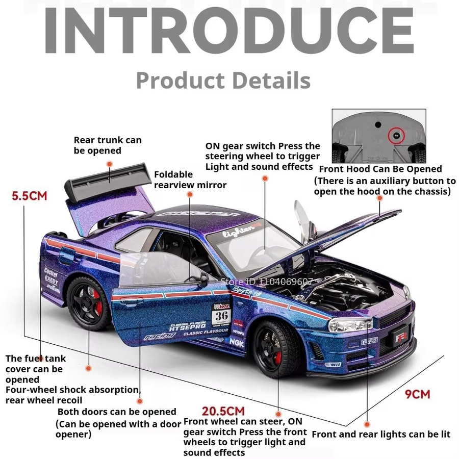 MAKEDA GTR-R34 S15 Diecast Modellauto, 1:24, Metall, mit Licht und Sound - Bild 3