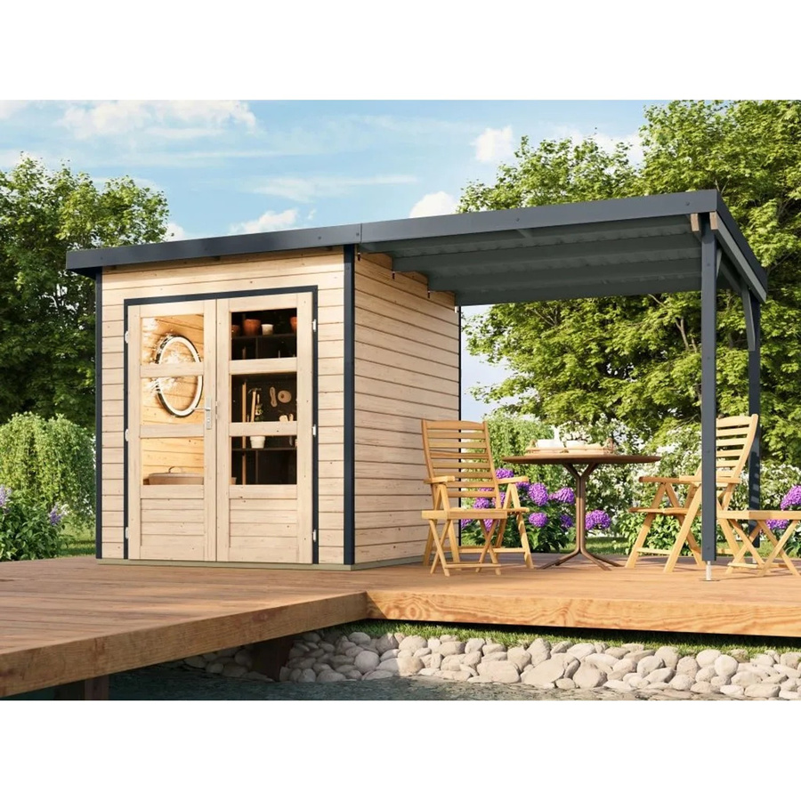 Karibu Gartenhaus Plutus als Lean-to Modell mit Anbaudach in Natur mit 28 mm Wandstärke - Bild 2