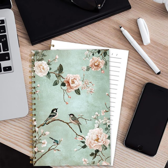 Notizbuch mit Blumen- und Vogelmotiven in Multicolour mit Blanko-Linienblättern aus Papier und Cardboard-Einband für Damen und Herren - Bild 1