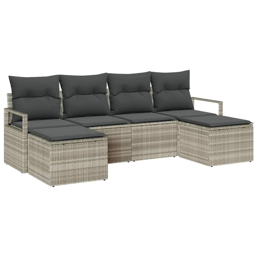 vidaXL Garten-Sofa-Set 6-teilig aus Poly-Rattan in Hellgrau mit Polstern und Fußhockern - Bild 2