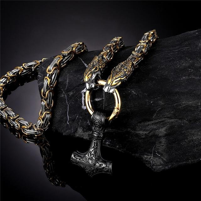 Halskette Drachenkopf Wikvisir Amulett Anhänger, Edelstahl, Gold, Black, 50cm, Herren - Bild 1