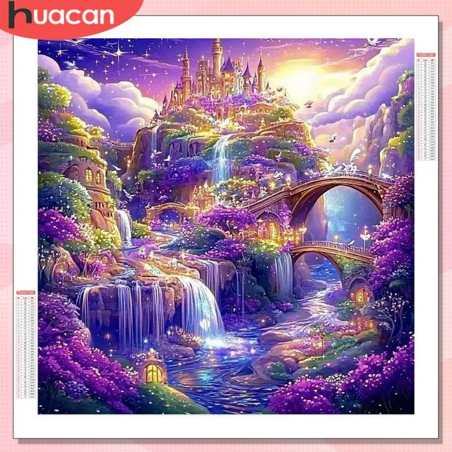 HUACAN Diamant-Stickerei Set Schloss und Wasserfall Landschaft als Mosaik-Bild in Multicolour, B/H: 20 x 20 cm - Bild 1
