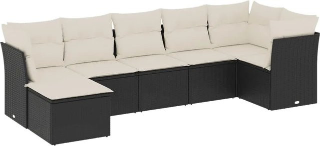 vidaXL 7-teilige Garten-Sofagarnitur in L-Form aus Poly-Rattan und pulverbeschichtetem Stahl in Schwarz mit Kissen und Stauraum - Bild 1