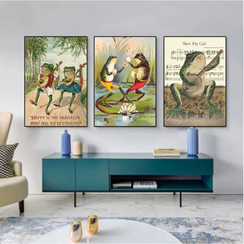 Potdemiel Japanisches Vintage-Leinwandgemälde mit buntem Frosch und Banjo als Wandkunst für dein Zuhause - Bild 2