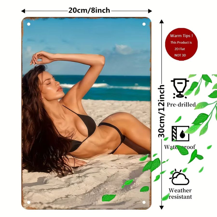 Vintage Wanddekoration aus Metall von CIFBUY mit Bikini-Mädchen am Strand, B/H: 20,3 x 30,5 cm - Bild 2