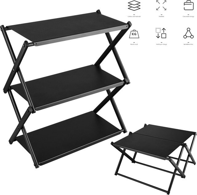 JOCESTYLE 3-stufiges Camping-Aufbewahrungsregal aus Metall in Schwarz, multifunktionales und tragbares Organizer-Regal für Garten und Strand - Bild 1