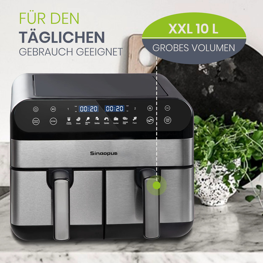 Sinaopus Doppelkorb Heißluftfritteuse mit 10 Litern Volumen, 2400 W, Dual Zone Technologie, LED-Touch-Steuerung, Schwarz - Bild 4
