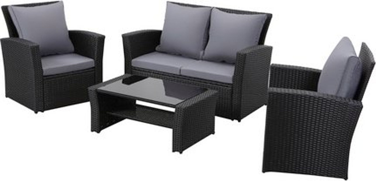 MeXo 4-teiliges Gartenmöbel Lounge Set aus Polyrattan mit Polstern in Schwarz und Grau - Bild 5