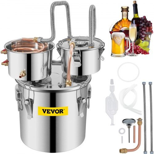 VEVOR Destilliergerät aus Edelstahl mit 12 l Fassungsvermögen und Kupferrohr inklusive Umwälzpumpe und Thermometer für die Herstellung von Whisky, Wein und Spirituosen in Silber - Bild 1