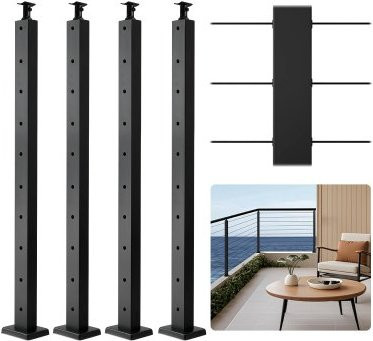 VEVOR 4er-Pack Kabelgeländerpfosten aus Edelstahl SUS304 mit gebogener horizontaler Halterung und vorgebohrten Löchern, Schwarz, H: 91,4 cm, B: 2,54 cm, T: 5,08 cm - Bild 1