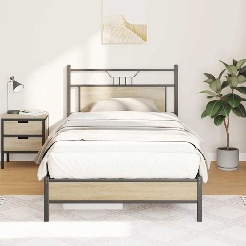 Vidaxl Einzelbett Bettgestell aus Holzwerkstoff und Stahl in Eiche Natur Braun B: 100 cm, T: 190 cm - Bild 1