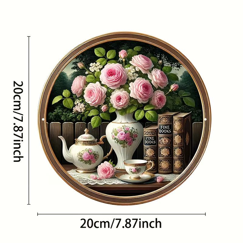 Rundes Aluminiumschild Potdemiel Vintage Rosenblüten Teeset und Bücher Dekorationsplakette Durchmesser: 20,32 cm - Bild 2