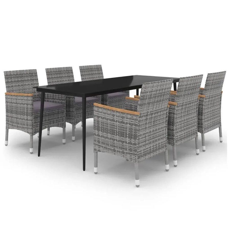 vidaXL 7-teilige Garten-Essgruppe aus Poly-Rattan mit Glasplatte und Kissen in Grau und Schwarz - Bild 2