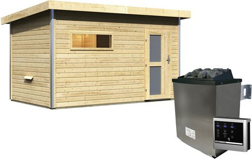 Karibu Saunahaus Schwanenburg 3 aus Fichtenholz in Beige mit 9 kW Ofen und externer Steuerung, B/T/H: 393 x 231 x 239 cm - Bild 1