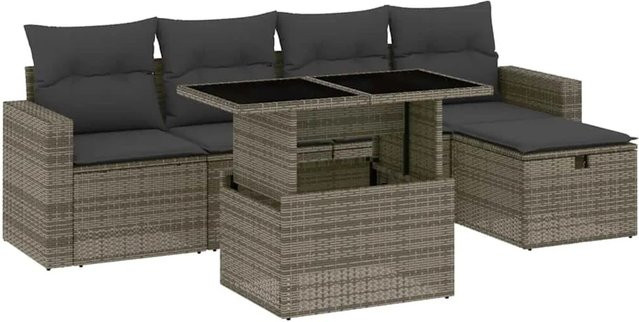 vidaXL 6-teilige Garten-Sofagarnitur in L-Form aus Poly-Rattan und Metall, Grau mit Kissen und Ottoman für Terrasse und Garten - Bild 1
