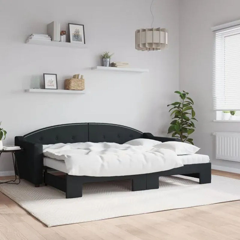 Vidaxl Ausziehbare Liege mit Matratze in Schwarz aus Stoff und Holz/Metall, B: 80 cm, L: 200 cm - Bild 1