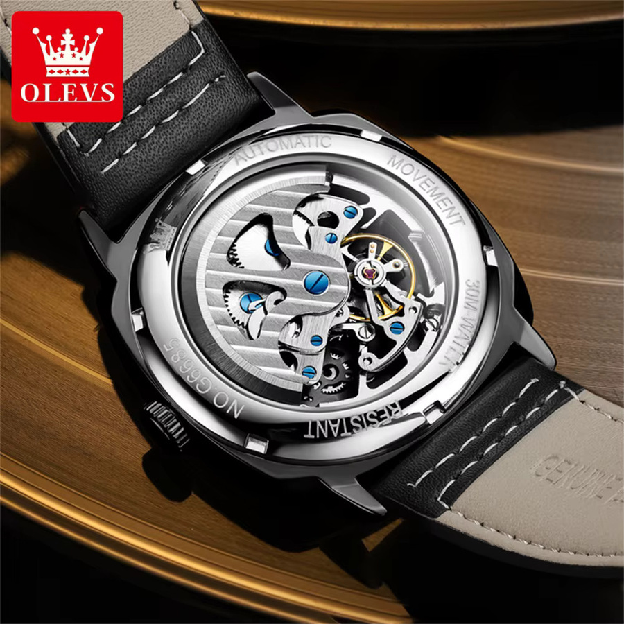 OLEVS Armbanduhr, Mechanisch, Handaufzug, Leder, Schwarz, Herren - Bild 2
