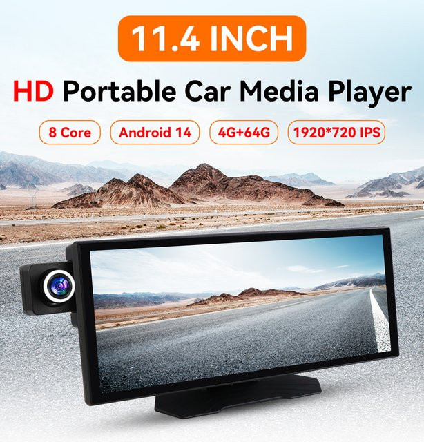 Hizpo Tragbarer Autoradio Universal Android 14 Multimedia-Player mit 11,4 Zoll HD Display, GPS, Bluetooth, kabelloses Apple CarPlay und Android Auto, Schwarz - Bild 1