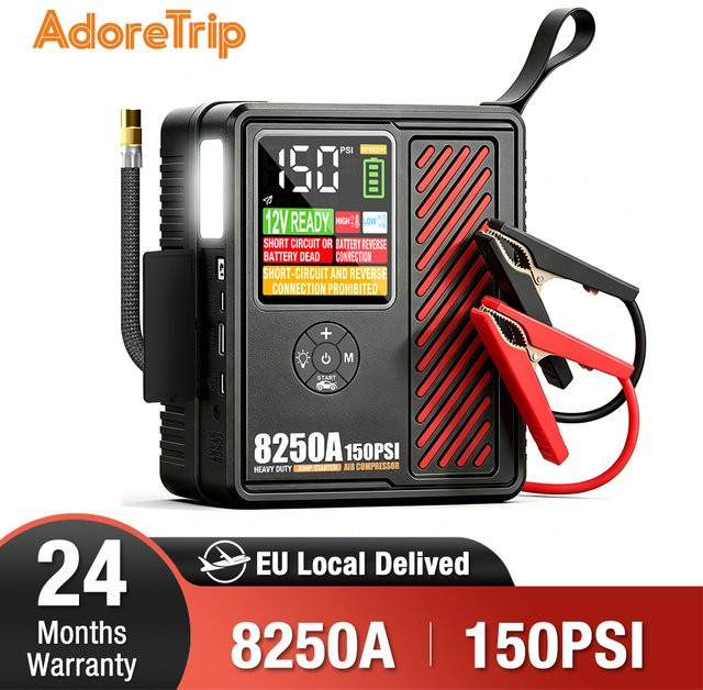 AdoreTrip Auto-Starthilfegerät 8250A Powerbank mit integriertem Luftkompressor 150PSI Reifenfüller in Schwarz - Bild 1