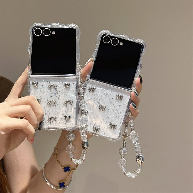 Luxus Glitzer 3D Herz und Schleife Handyhülle für Samsung Galaxy Z Flip 7 6 5 4 3 5G mit Lanyard und stoßfester Abdeckung in Transparent - Bild 1