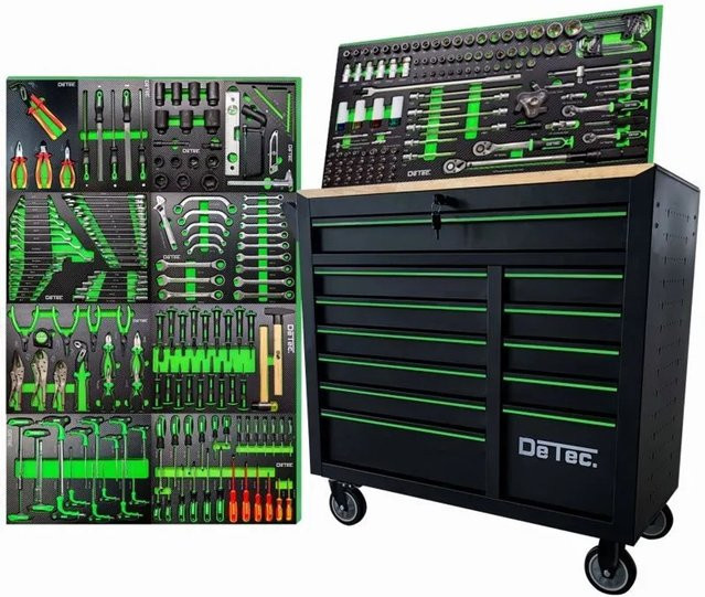 DeTec Heavy Duty XXL Werkstattwagen Master Edition in Schwarz mit 261-teiligem Werkzeug-Set, 12 Schubladen inklusive 11 bestückter Schubladen mit Soft-Close-Funktion und Holz-Arbeitsplatte - Bild 1