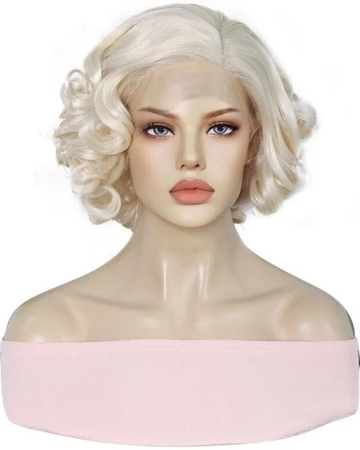 ANOGOL Damen Perücke, kurz, platinblond, lockig, Lace Front - Bild 1
