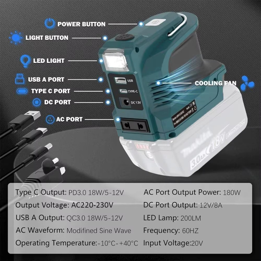 Makita 180W 18V LXT Batteriespannungswandler mit USB-A und USB-C sowie LED Powerbank - Bild 4