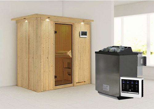 Karibu Sauna Pärnu Bio-Kombi-Sauna aus Fichtenholz mit 9 kW Bio-Kombi-Saunaofen und externer Steuerung für 2 Personen, beige, B: 202 cm, T: 132 cm, H: 210 cm - Bild 1