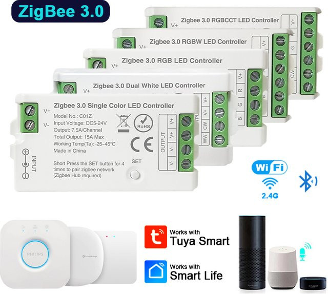 Tuya Zigbee 3.0 LED Controller mit WiFi APP Fernbedienung und Sprachsteuerung für RGBW RGBCCT LED Streifen, DC5V-24V, Weiß - Bild 1