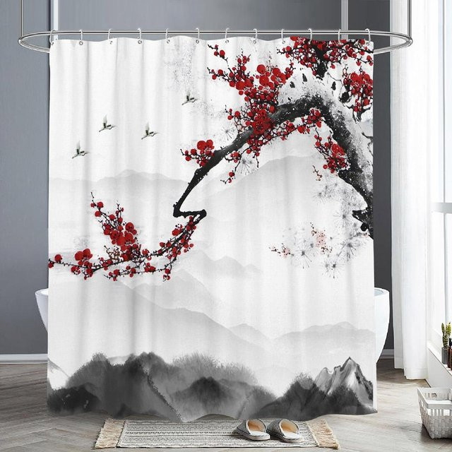 Duschvorhang mit rotem Pflaumenblütenzweig und Naturlandschaft im orientalischen Stil von Household supplies MH, Farbe: Rot, Weiß, Schwarz, Breite: 90 cm, Höhe: 180 cm - Bild 1