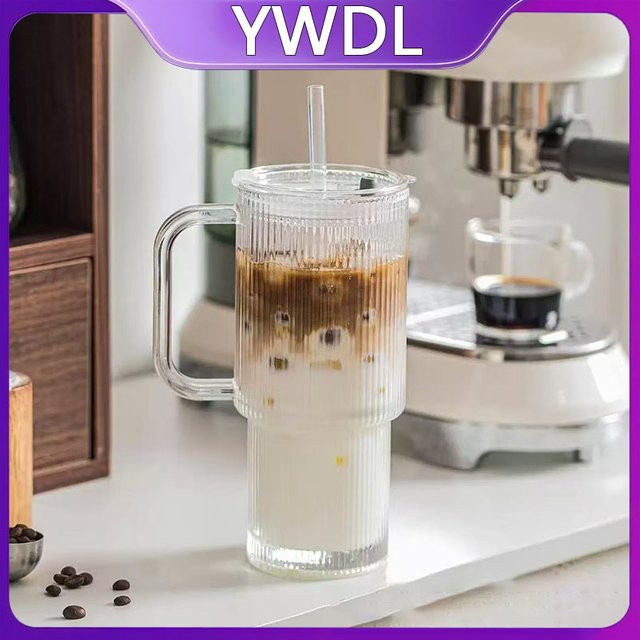 YWDL Trinkglas aus Glas mit Griff und Deckel, geripptes Tumbler-Set in Transparent, 760 ml - Bild 1