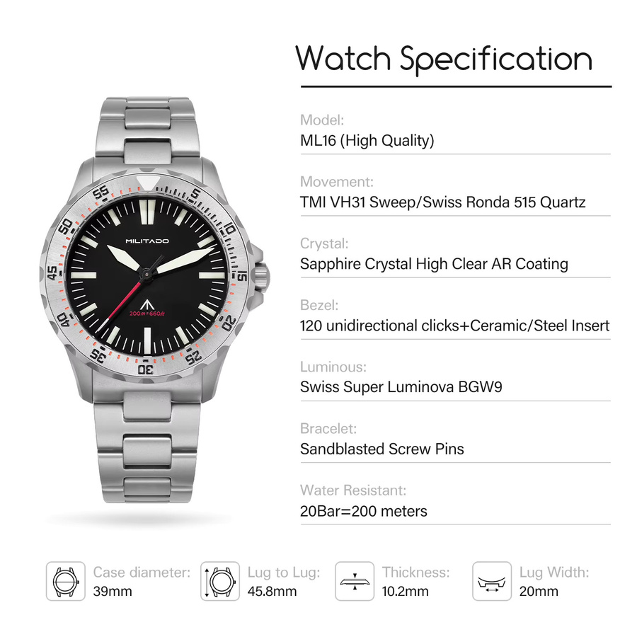 Militado Taucheruhr, Quarz, Edelstahl, 39 mm, Saphirglas, 20 ATM, Herren - Bild 2