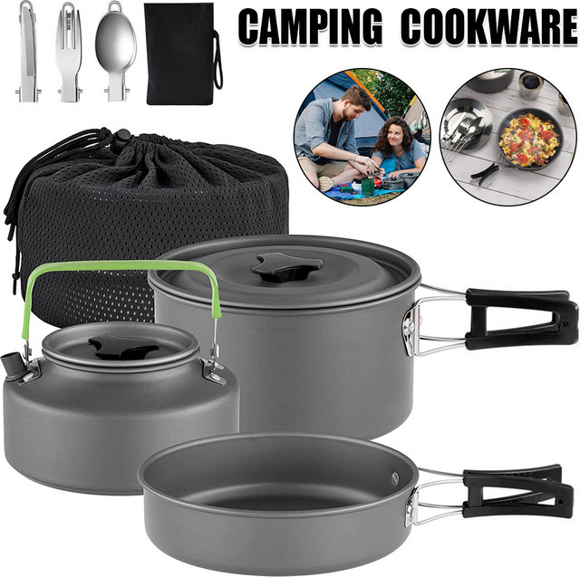 9-teiliges Camping-Kochgeschirr-Set von LONENESSL aus Aluminium mit Pfanne, Topf und Wasserkessel für Outdoor und Wandern - Bild 1