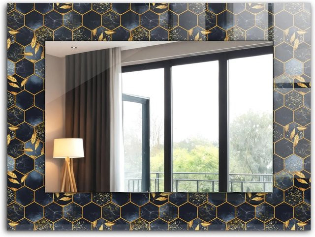 Tulup Wandspiegel Rechteckig mit floralem Sechseckige Blätter Aufdruck in Blau und Schwarz, B: 80 cm, H: 60 cm - Bild 1
