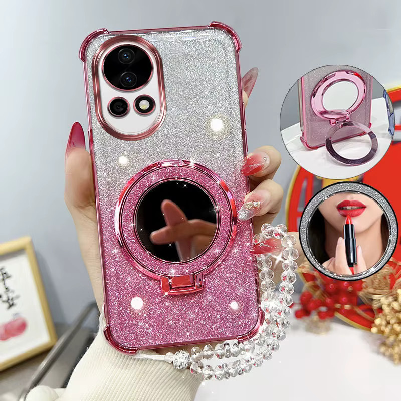 Stoßfeste Handyhülle für Huawei Nova 12 und Nova 13 Pro Ultra mit Spiegelständer, Perlenarmband und Glitzer-Design in Pink - Bild 1