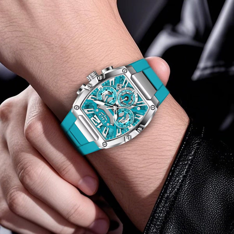 LIGE Chronograph Armbanduhr, Tonneau, Quarz, Silikon, Schwarz, Herren - Bild 4