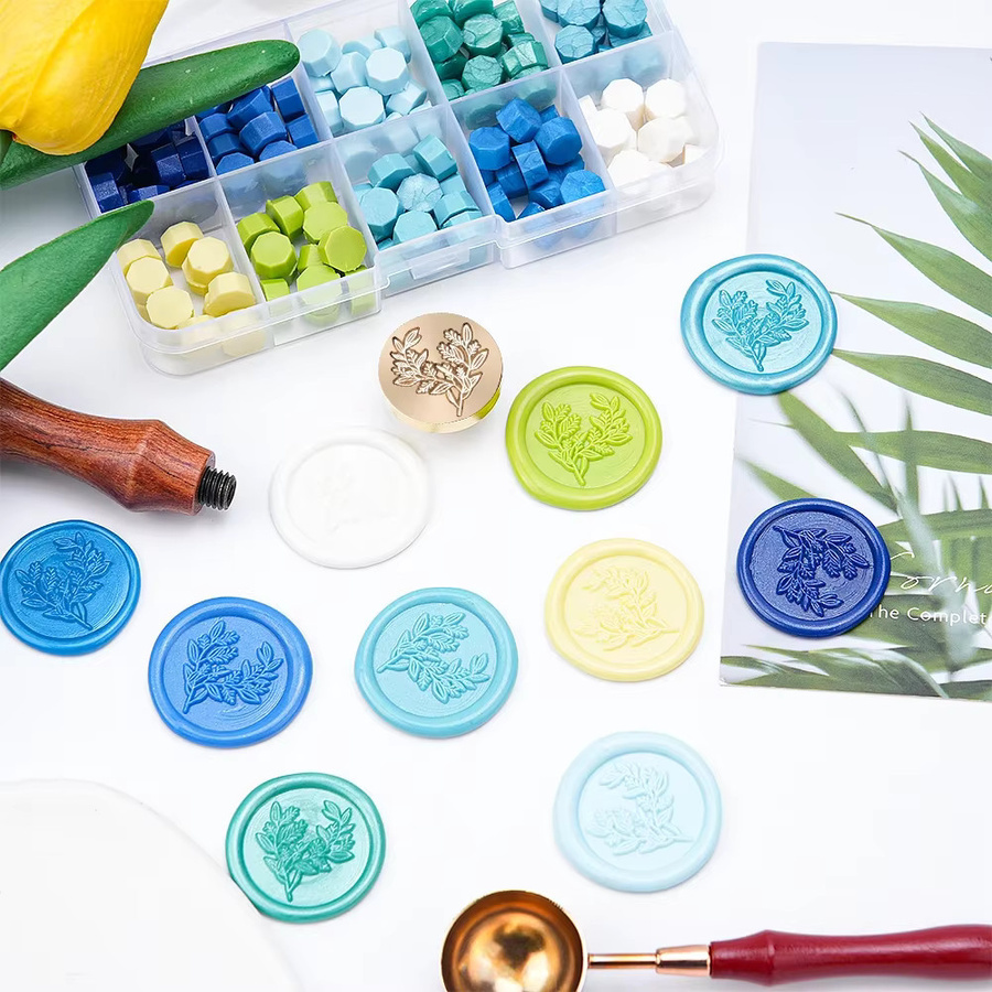 Eukalyptusblatt-Wachssiegel-Set mit 10 farbigen Wachssiegelperlen für Hochzeitseinladungen und Geschenkverpackungen, Multicolor - Bild 4