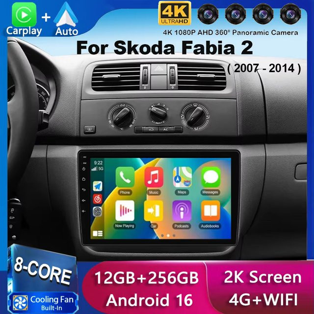 Android 16 Autoradio mit CarPlay und GPS für Skoda Fabia 2 (2007-2014), 2 DIN Multimedia-Player mit WiFi und 4G, Schwarz - Bild 1