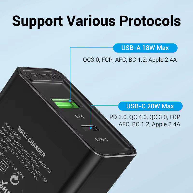 Vention USB Typ C Schnellladegerät 20W mit QC 4.0 und 3.0 in Schwarz - Bild 5